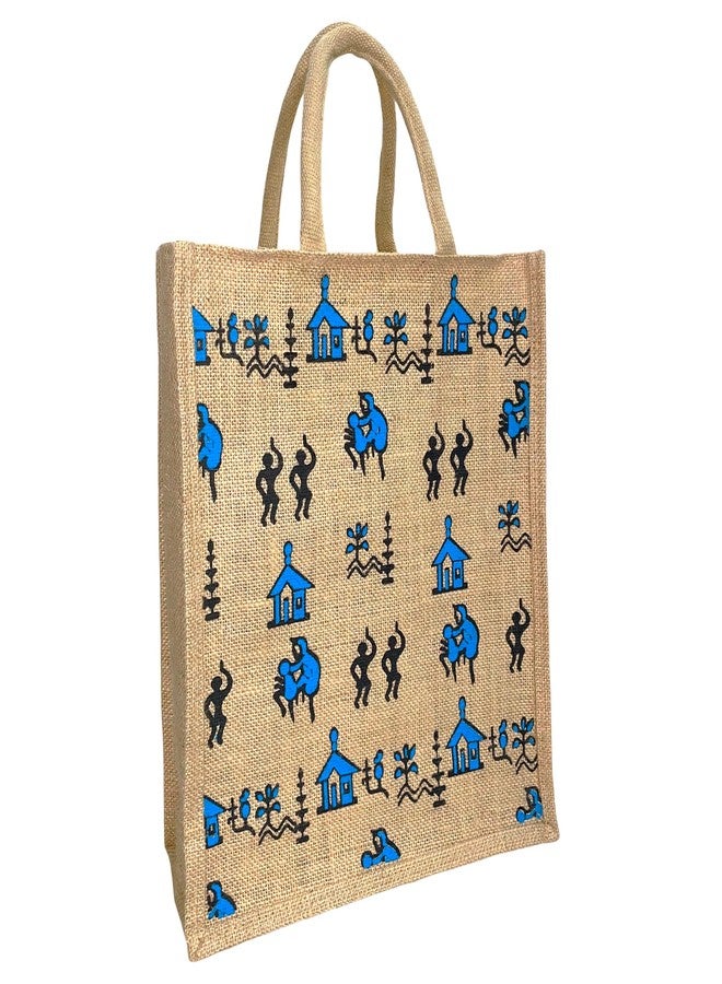 Mispacio Jute Lunch Bag with Tribal Print | Strong Zipper Closure, Eco-Friendly Blue & Black Tote for Office, School, Picnic, Shopping & Travel | Large Tiffin Bag | 12" x 14" x 5" | Pack of 1 - Image 1
